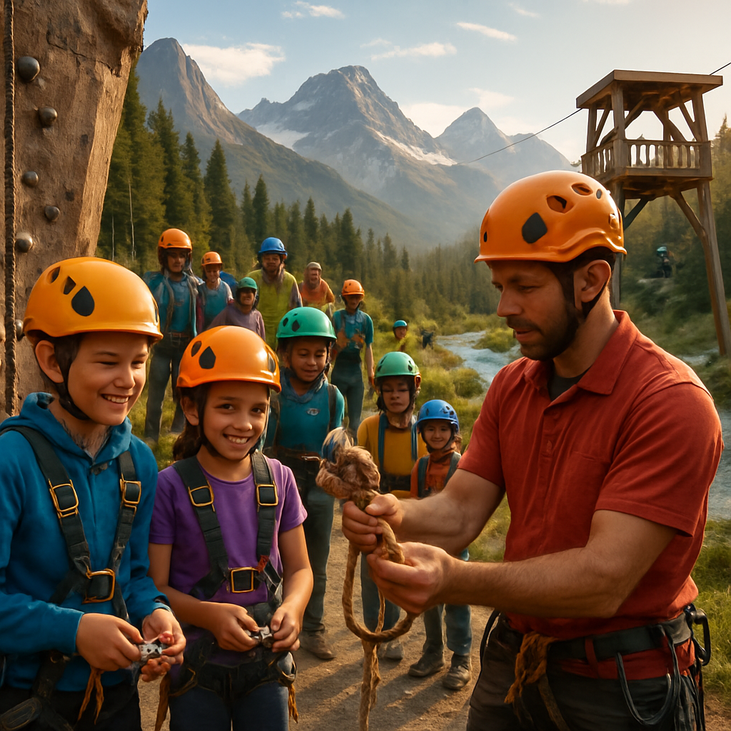 Group enjoying an outdoor adventure activity with safety gear